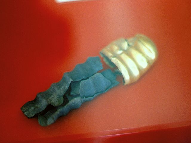 Condom made of silver and gold, with geometrical reliefs, probably funeral. Alacahöyük, Bronze Age, late 3rd millennium BC. Museum of Anatolian Civilizations, Ankara. (Photo: Wikimedia/Zde)
