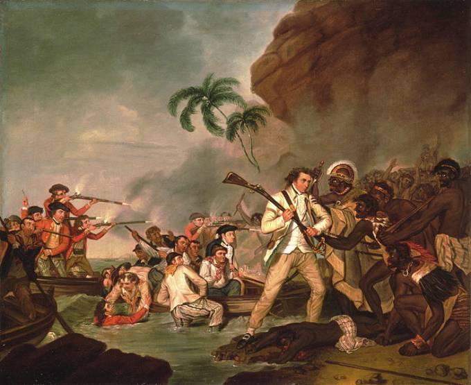 Death of Captain James Cook at Kealakekua Bay on the Kona coast of the island of Hawaii, oil on canvas by George Carter, 1783 (Image: Wikimedia)