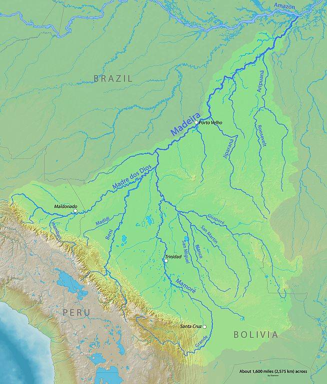 Map of the Madeira River watershed, tributary to the Amazon River in Brazil, Bolivia, and Peru. (Image: Wikimedia/Shannon)