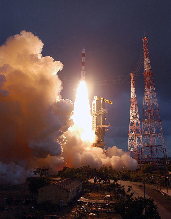 The Indian Space Research Organization, or ISRO, launches its robotic Chandrayaan-1 rocket with two NASA instruments aboard on India's maiden moon voyage to map the lunar surface. (Photo: Wikimedia/NASA)
