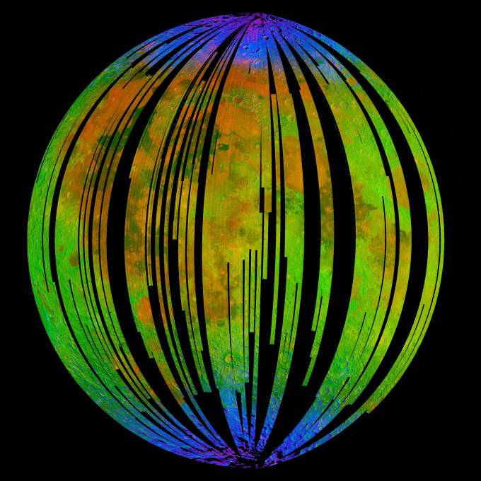 An image from NASA's Moon Mineralogy Mapper shows small water and hydroxyl (blue) deposits on the Moon's surface. The image reveals higher water distribution around both poles. (Image: ISRO/NASA/JPL-Caltech/Brown Univ./USGS)