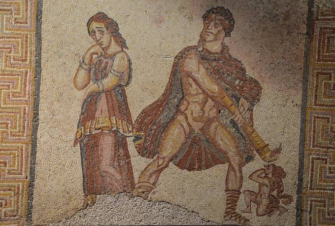 Mosaic panel depicting the madness of Heracles (Hercules furens), from the Villa Torre de Palma near Monforte, 3rd-4th century AD, National Archaeology Museum of Lisbon, Portugal. (Photo: Flickr/Carole Raddato)