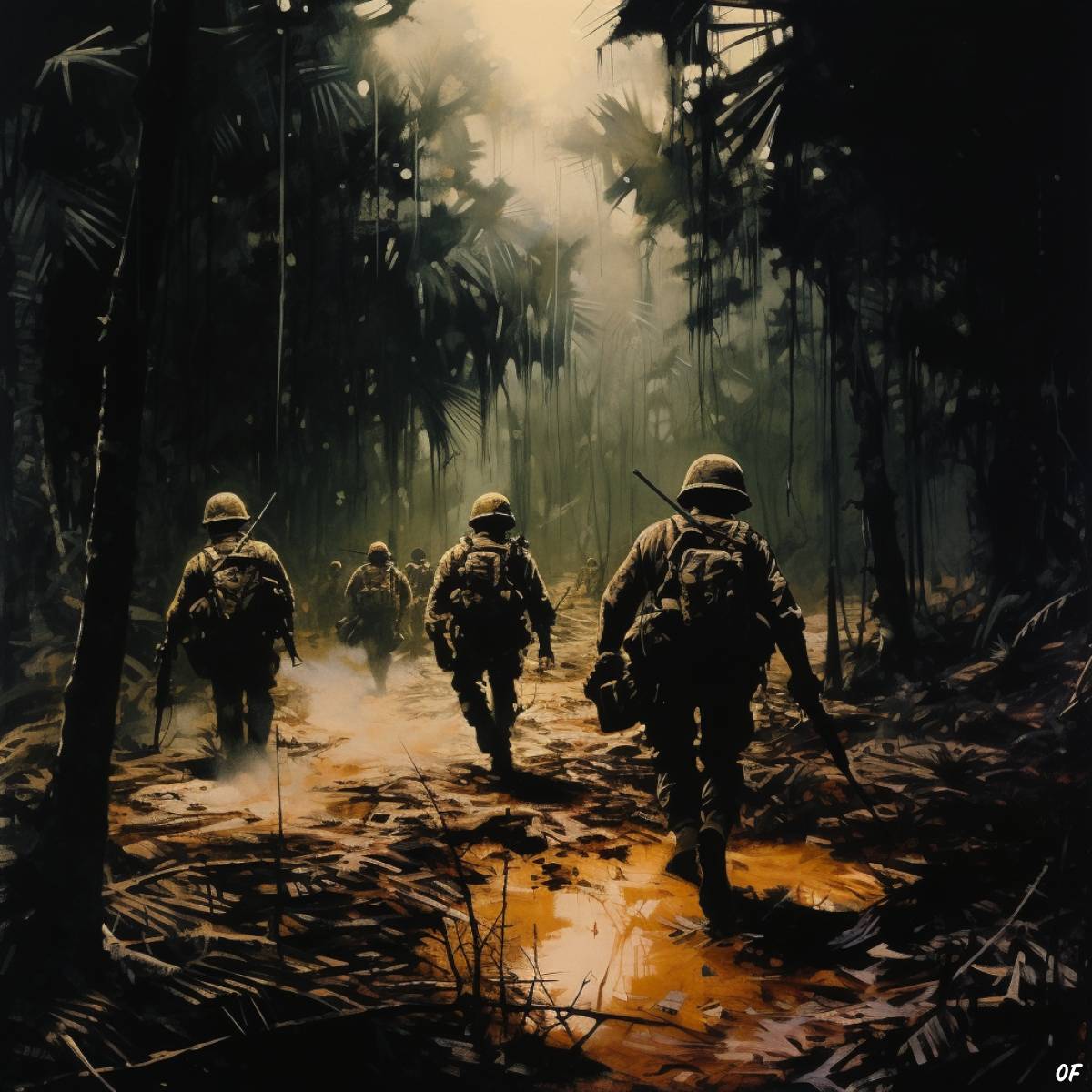 A group of American GIs on night patrol in the Vietnamese jungle.