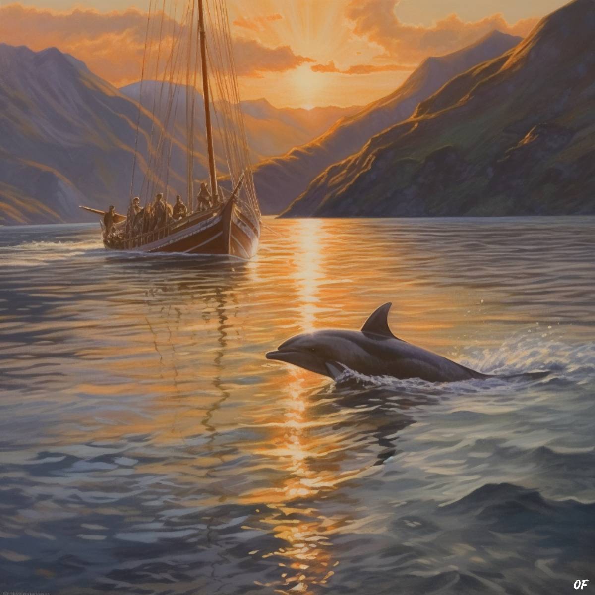 Pelorus Jack, a Risso's dolphin, joyfully guiding ships through the swift currents between D'Urville Island and the mainland amidst the serene beauty of New Zealand's Marlborough Sounds.