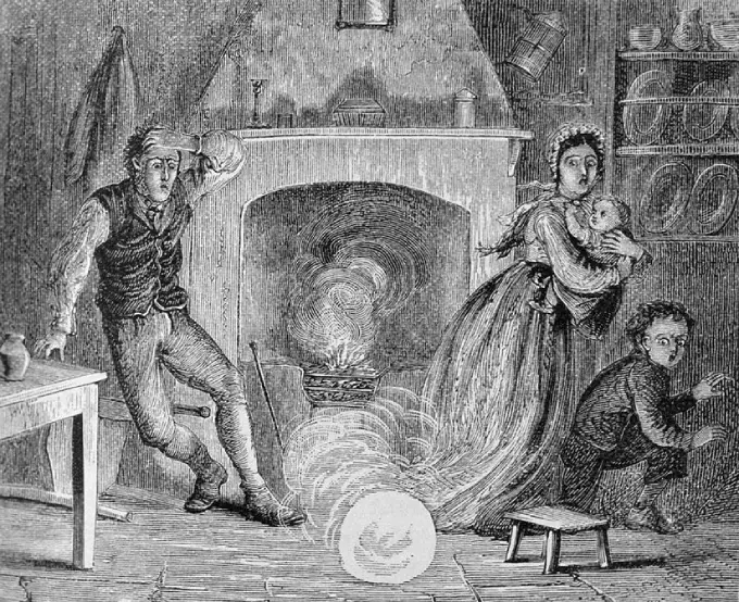 Ball Lightning - "Globe of Fire Descending into a Room" in "The Aerial World," by Dr. G. Hartwig, London, 1886. (Image: Wikimedia/NOAA)