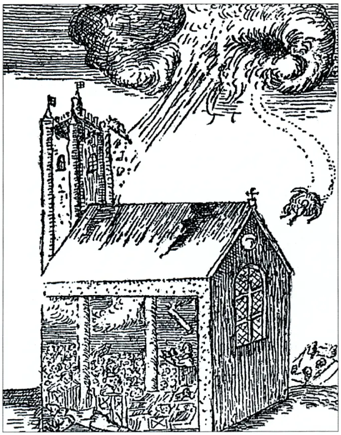 A contemporary woodcut of The Great Thunderstorm, Widecombe, Dartmoor, Devon, England which occurred in 1638. (Image: Wikimedia)