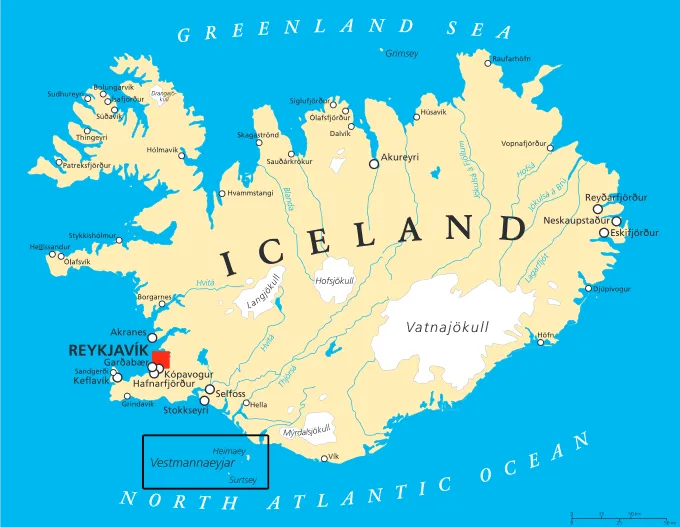 Map of Iceland showing the location of Vestmannaeyjar (Westman Islands) a municipality and archipelago off the south coast of Iceland. (Image: Shutterstock)