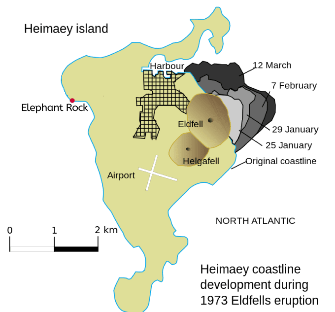 The development of the coastline on Heimaey during the eruption of Eldfell 1973. Elephant Rock is over 2km from Eldfell and in the opposite direction from where new land was created as a result of the eruption. (Image: Wikimedia/Cmglee)