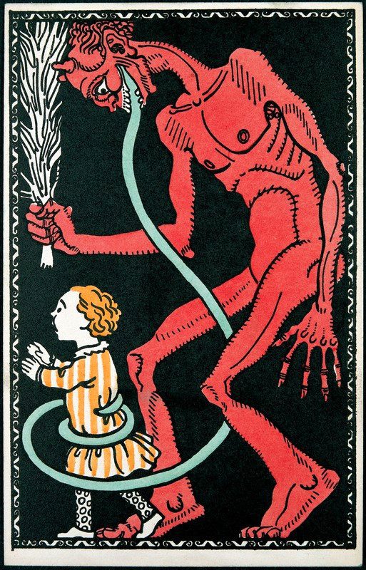 An uncirculated, multicolored lithographed Krampuscard by an anonymous Austrian artist from the Wiener Werkstätte, created around 1911. Auctioned off in October 2003.