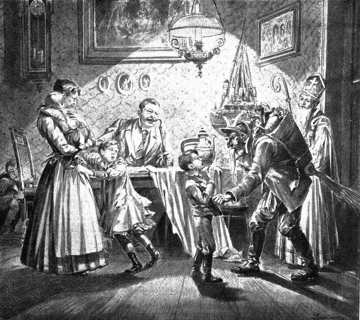 Nikolaus and Krampus in Austria. Newspaper-illustration from 1896
