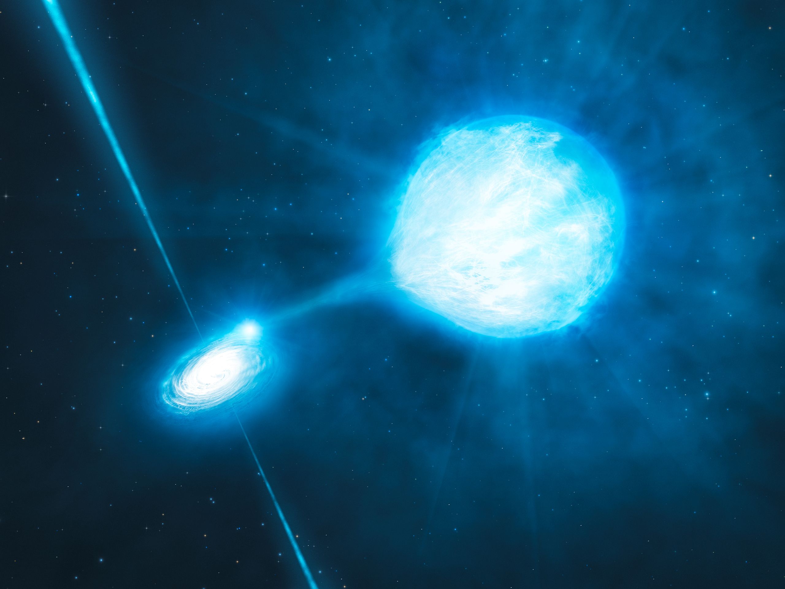An artist’s impression of a stellar-mass black hole (left) feeding of a Wolf–Rayet star, as the two orbit each other; the star will too one day become a black hole itself. 