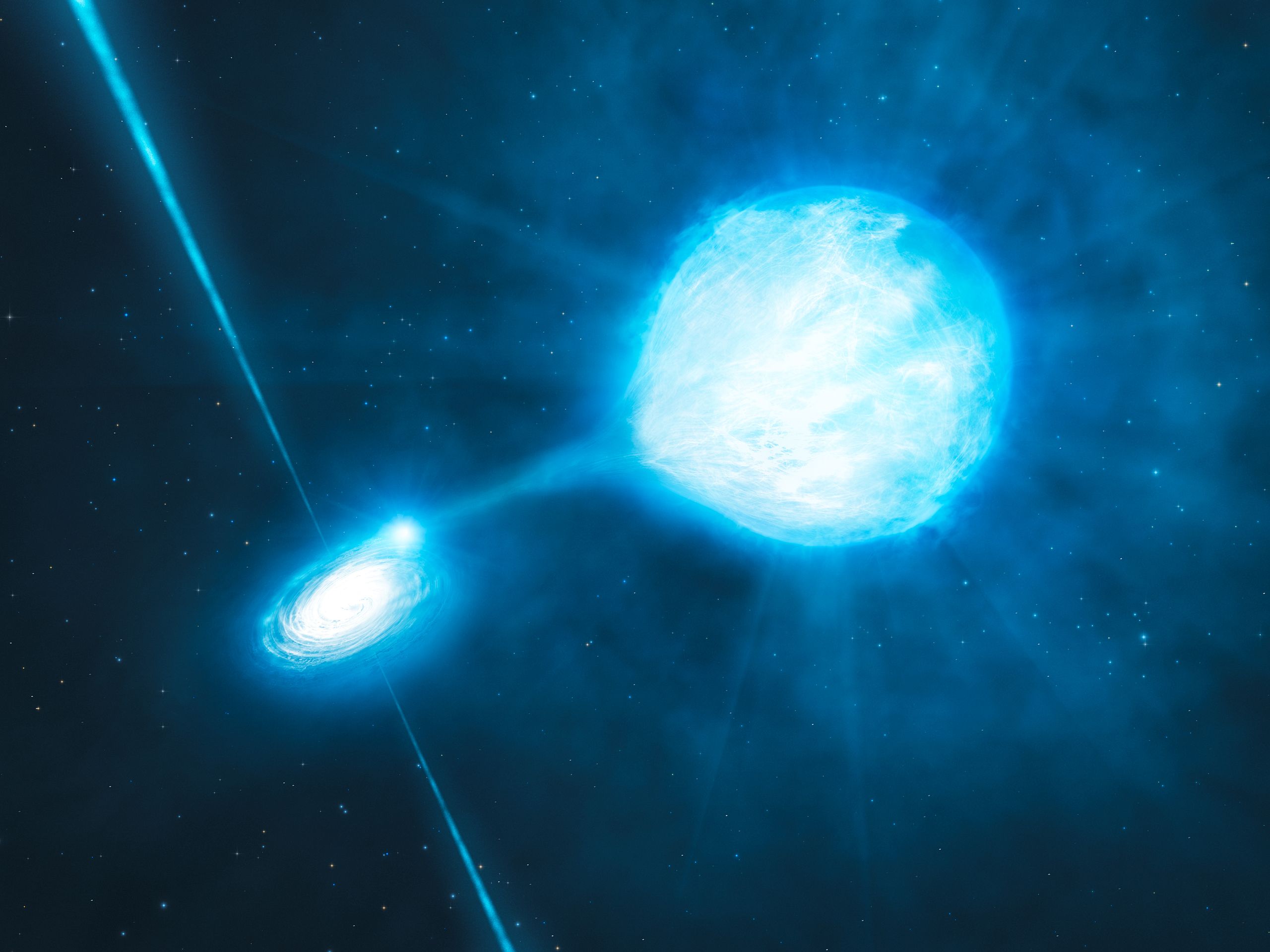 An artist’s impression of a stellar-mass black hole (left) feeding of a Wolf–Rayet star, as the two orbit each other; the star will too one day become a black hole itself.