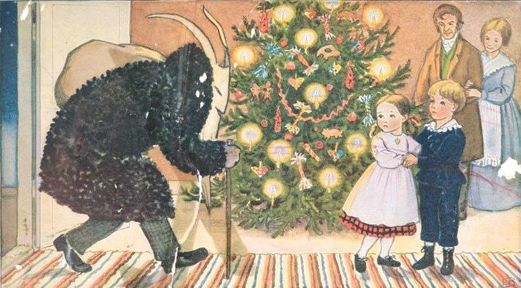 Juleoffer in Sweden, with the Yule Goat playing the role of Santa Claus. A postcard from early 20th century. (Credit: Patheos)