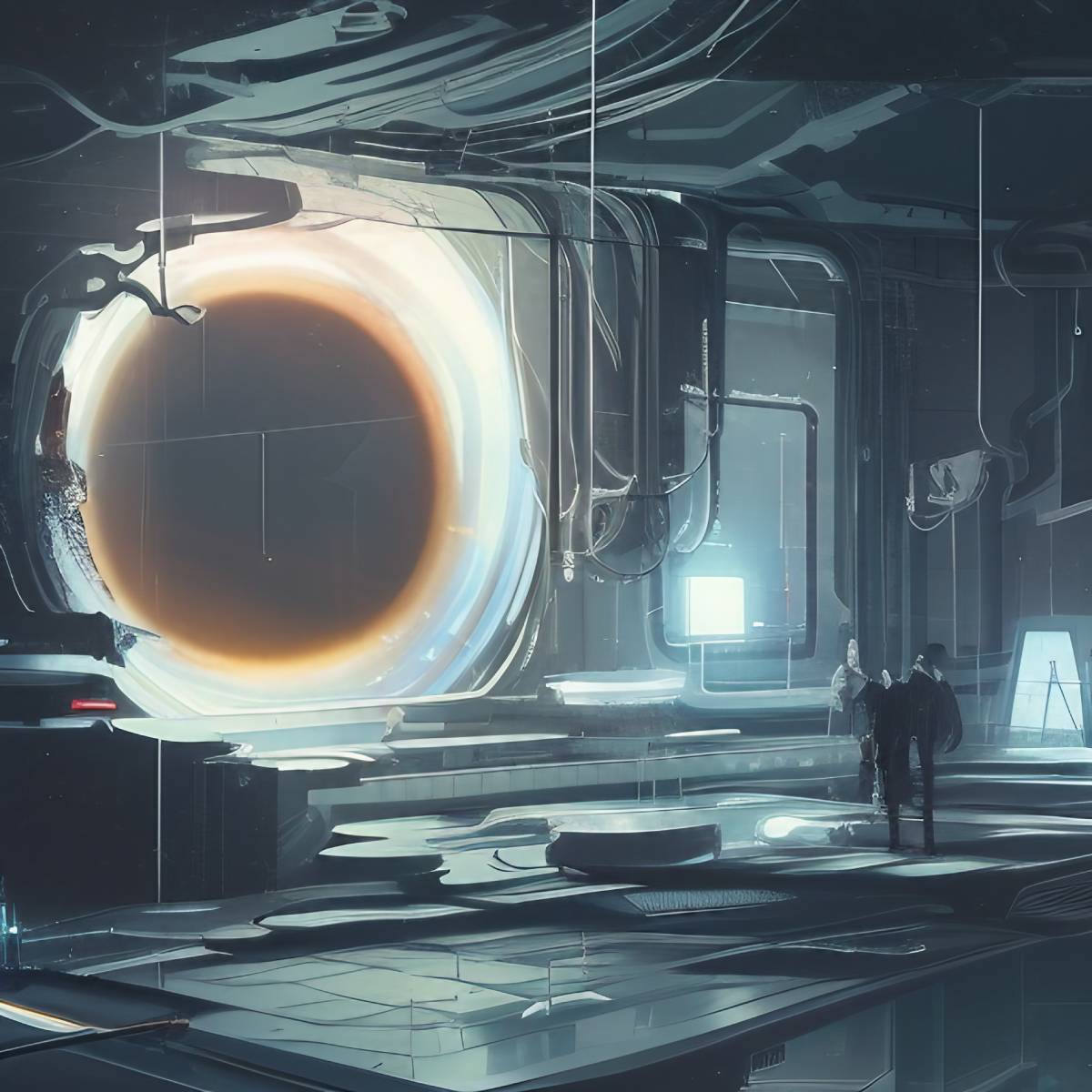 A painting of a futuristic science lab .In 1974, British theoretical physicist Stephen Hawking predicted that, owing to quantum effects, black holes must constantly emit a small amount of radiation, which should eventually cause them to evaporate—entirely! It turns out he was right. (© Odd Feed)