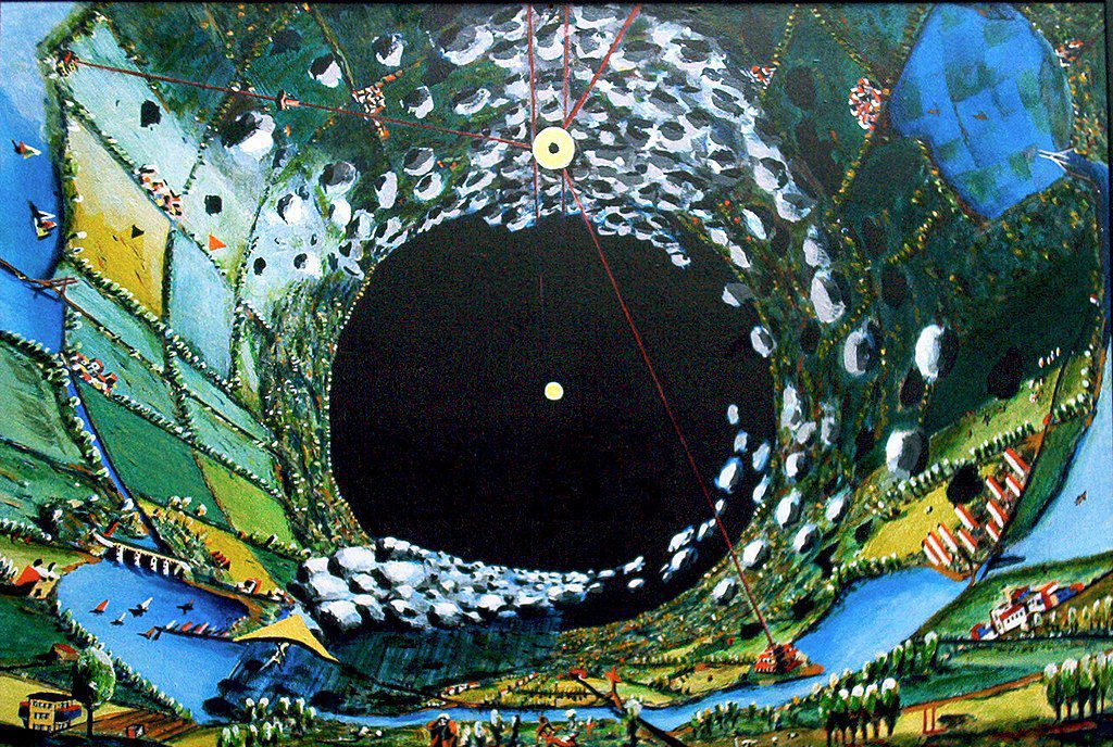 An artist's visualization of the space settlement described in the Rendezvous with Rama. Oil painting on board. Dimensions 72x49cm.