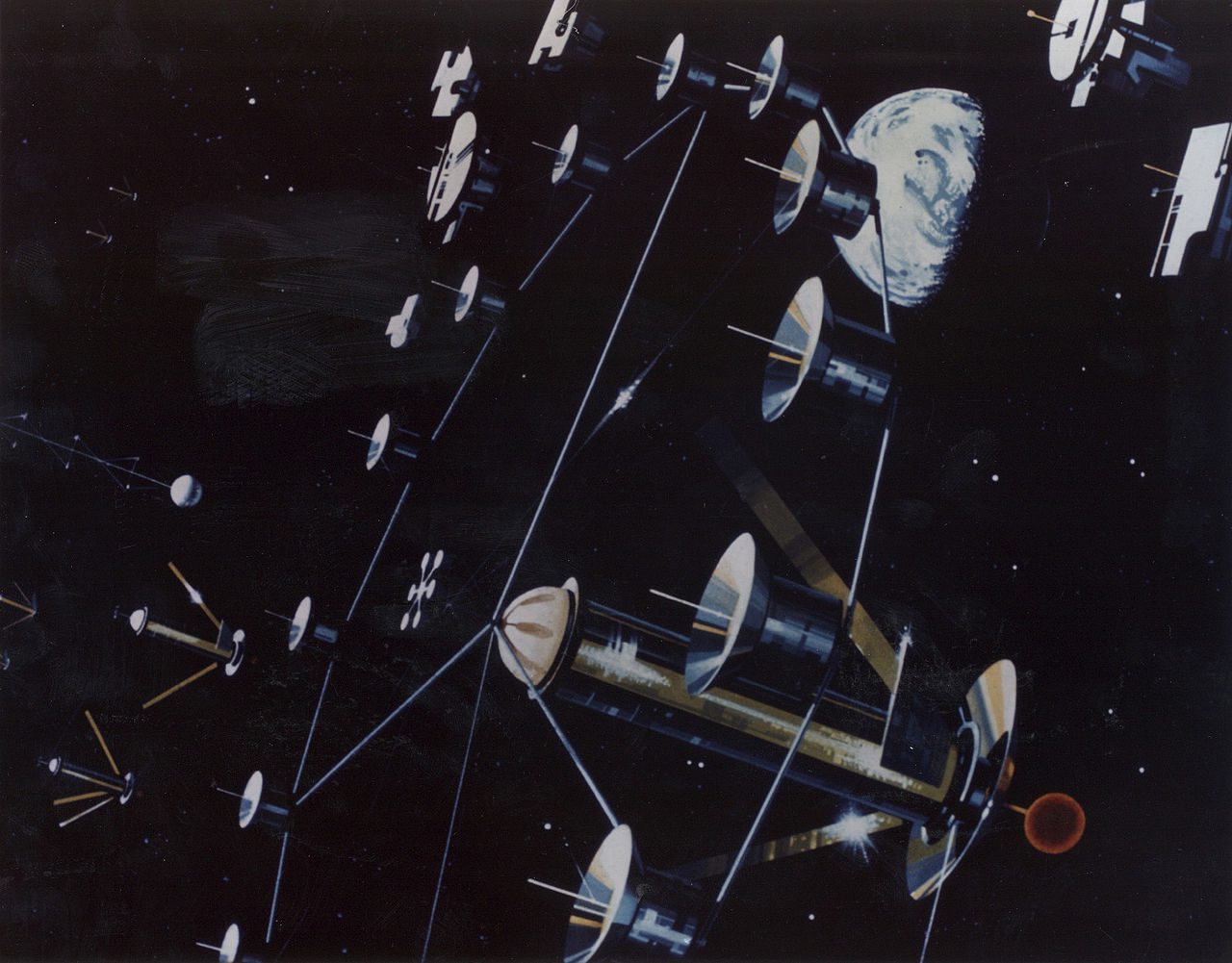 A NASA concept image of multiple habitat cylinders oriented towards the Sun