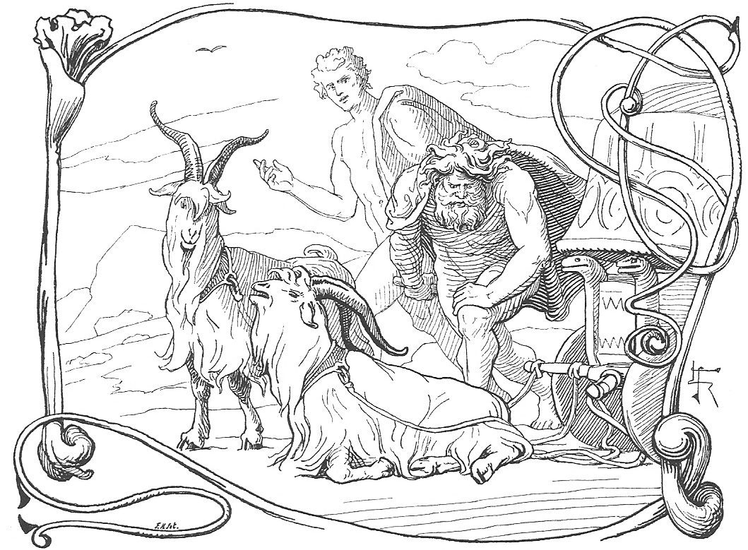 Loki and Thor scrutinize Tanngrisnir and Tanngnjóstr in an illustration by Danish etcher Lorenz Frølich for The Elder Edda's Gudesange, published in 1895. (Credit: Wikimedia)