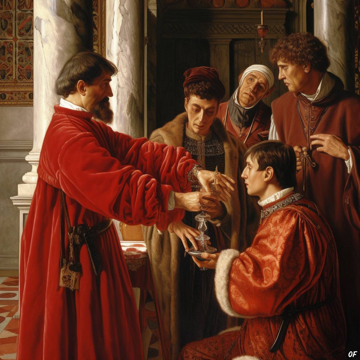 A painting depicting a group of men adorned in red robes, symbolizing Limpieza de Sangre and underlying racism.
