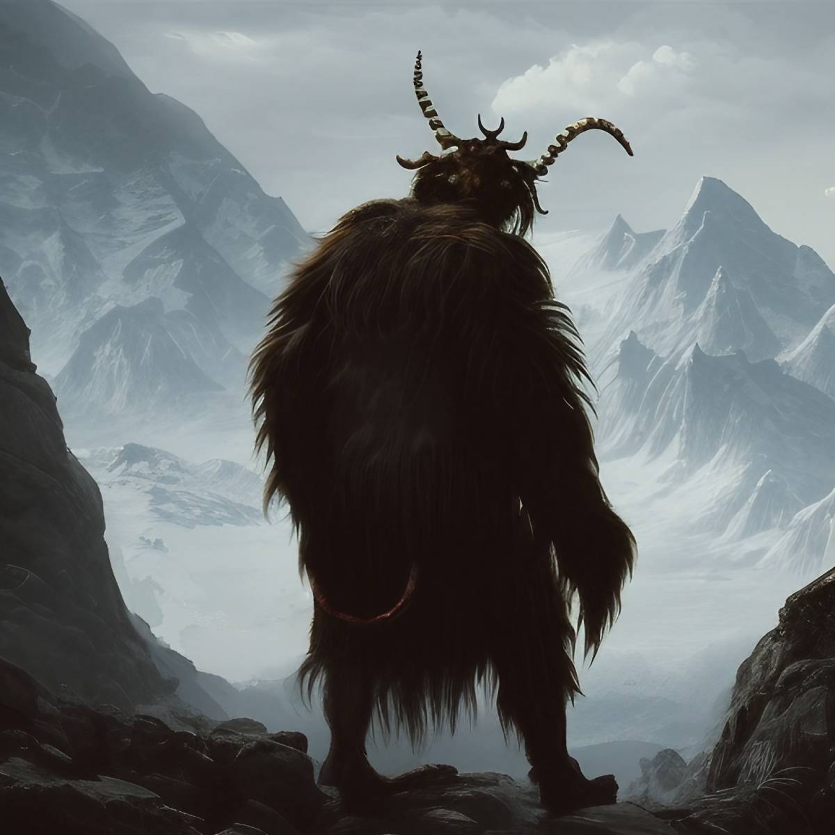 A painting of Krampus with the Alpine mountains in the background. For hundreds of years, just before they are visited by Santa, children in the Alpine regions of Germany, Austria, the Czech Republic and Slovenia have to ride out the coming of his dark companion—a long-tongued goat-like demon from Hell known as Krampus. (© Odd Feed)
