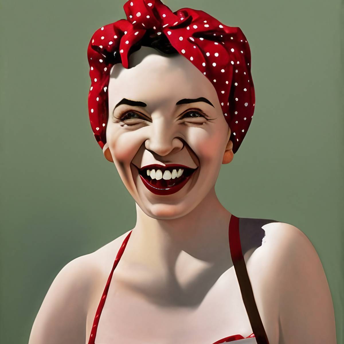 A portrait of Rosie the Riveter laughing. (©)