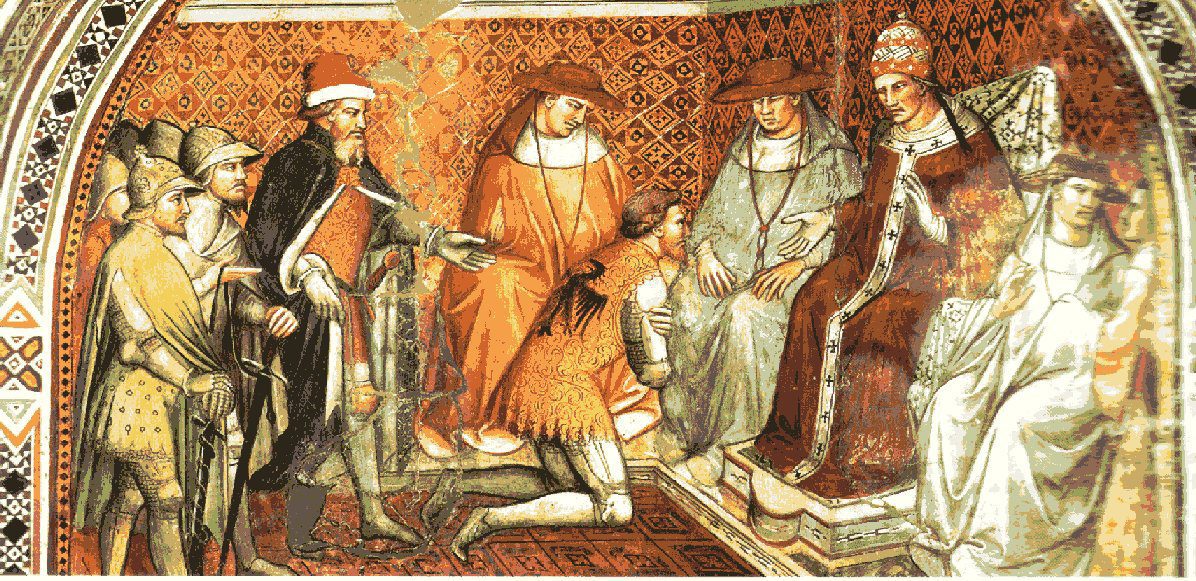 Spinello Aretino, "Frederick Barbarossa submits to the authority of Pope Alexander III" (fresco, 1407)