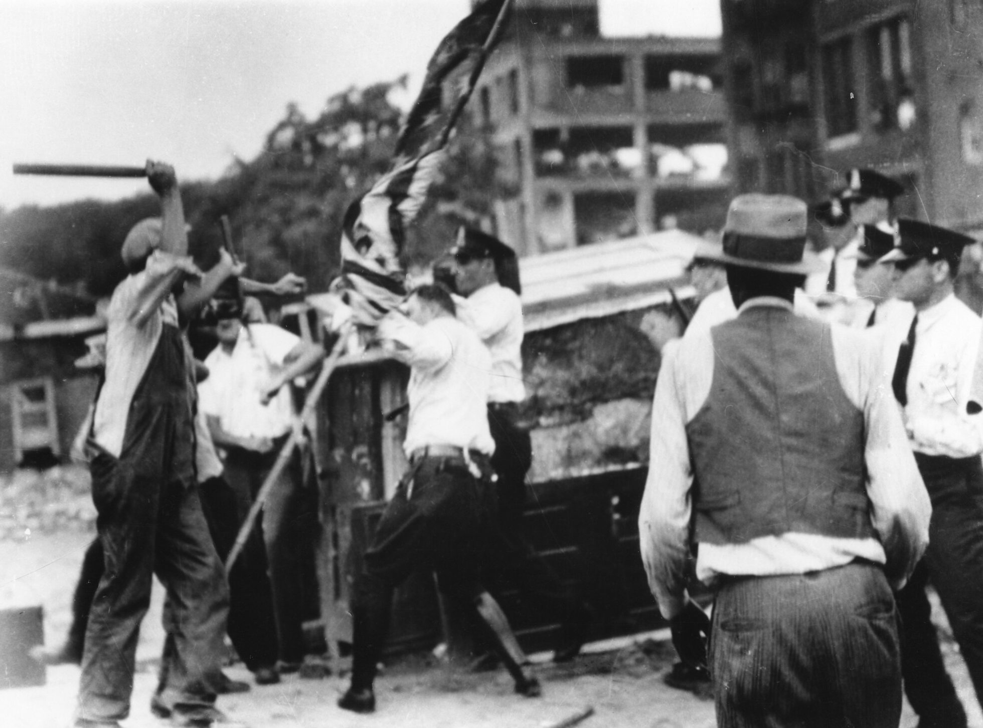 A fight between the marchers and the police during the Bonus Army eviction, July 28, 1932