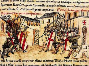 Depiction of a 14th-century clash between Guelph and Ghibelline forces in Bologna.