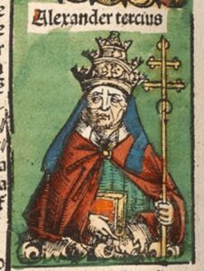 Pope Alexander III, as depicted in the <em>Nuremberg Chronicle</em> (1493)