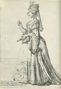 Black-and-white caricature of the castrato Carlo Broschi, known widely as Farinelli, playing a female role in an opera