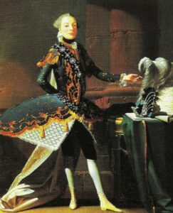 Painting of an 18th-century castrato, Carlo Scalzi, standing next to a table and dressed in an ornate outfit