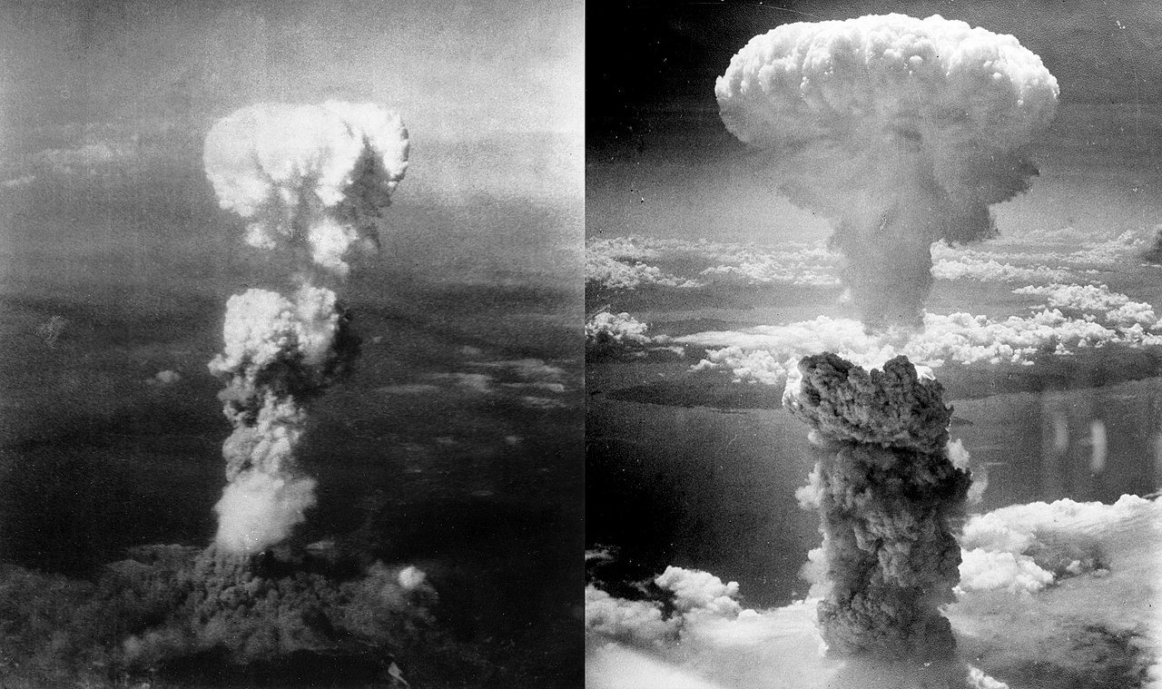 The mushroom clouds over Hiroshima (left) and Nagasaki (right). (Credit: Wikimedia)