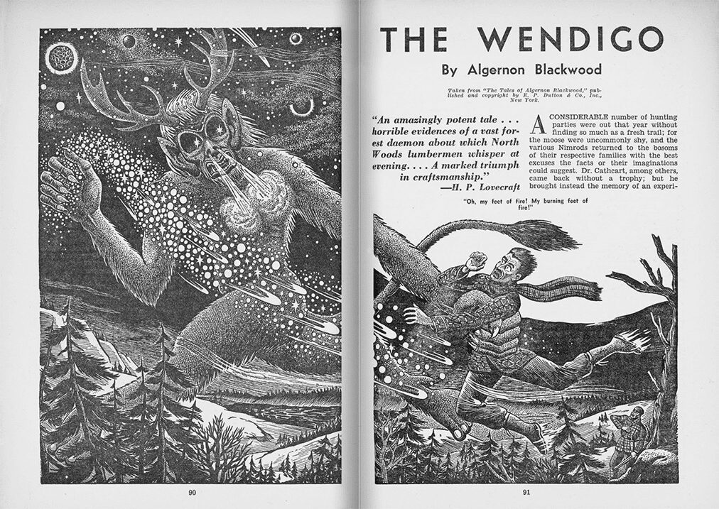 Matt Fox, illustration for Algeron Blackwood’s The Wendigo, published in Famous Fantastic Mysteries, June 1944.