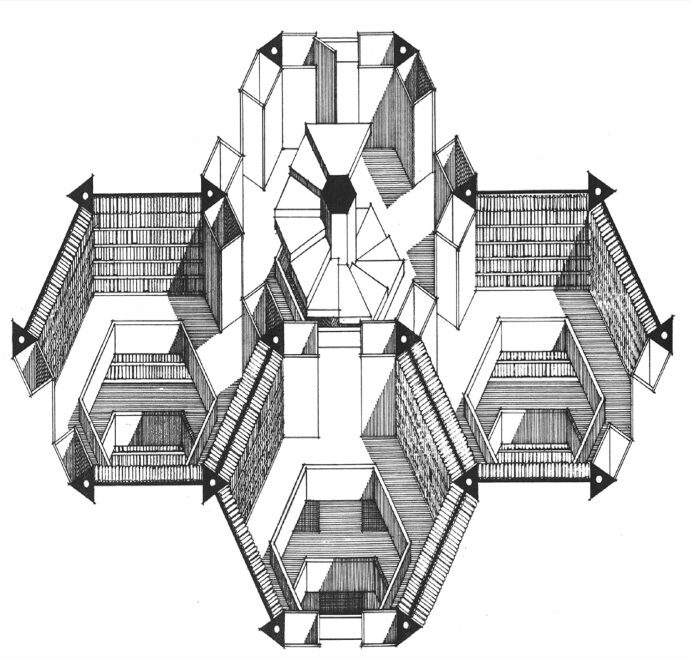 A black and white drawing featuring a hexagonal structure evoking the Library of Babel's philosophical implications.