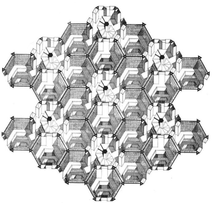 A hexagonal structure illustrated in black and white.