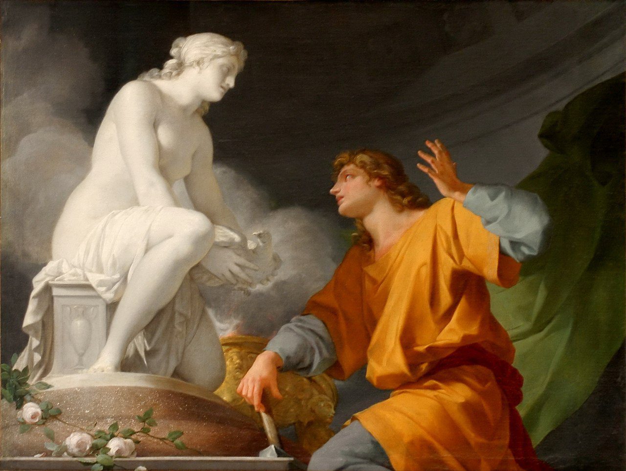 Jean-Baptiste Regnault, Pygmalion Praying Venus to Animate His Statue (1786). In the story, as a reward for his devotion. Venus eventually brings the statue (named Galatea) to life, and the couple live happily ever after. Modern medical terms such as "agalmatophilia," "galateism," or "Pygmalionism"—all referring to the sexual attraction to statues and mannequins—are directly derived from this myth. (Credit: Wikimedia) 