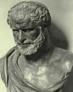 A bust of a Greek philosopher, believed to be a representation of Democritus.