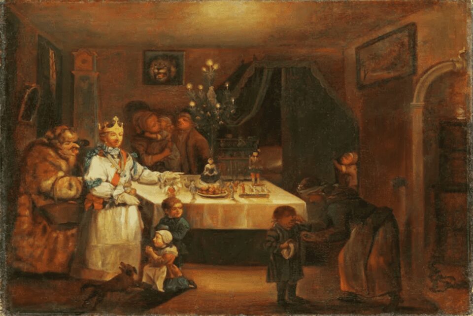 Distribution of Christmas gifts in front of a fir tree in a bourgeois living room by Nikolaus Hoffman (1740-1823).