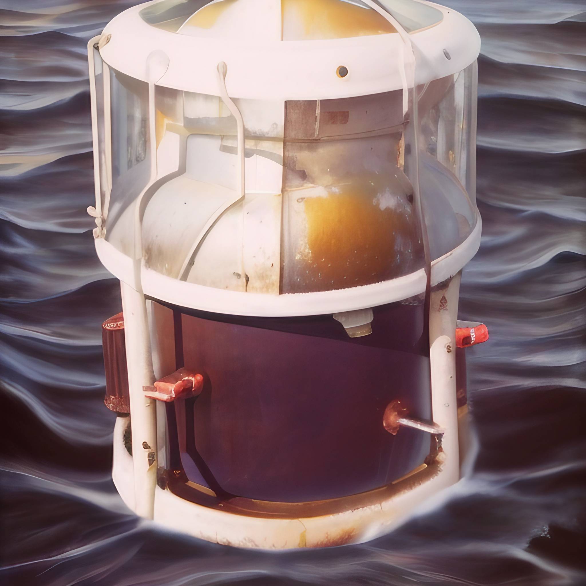 A painting of the Byford Dolphin diving bell floating in the North Sea.