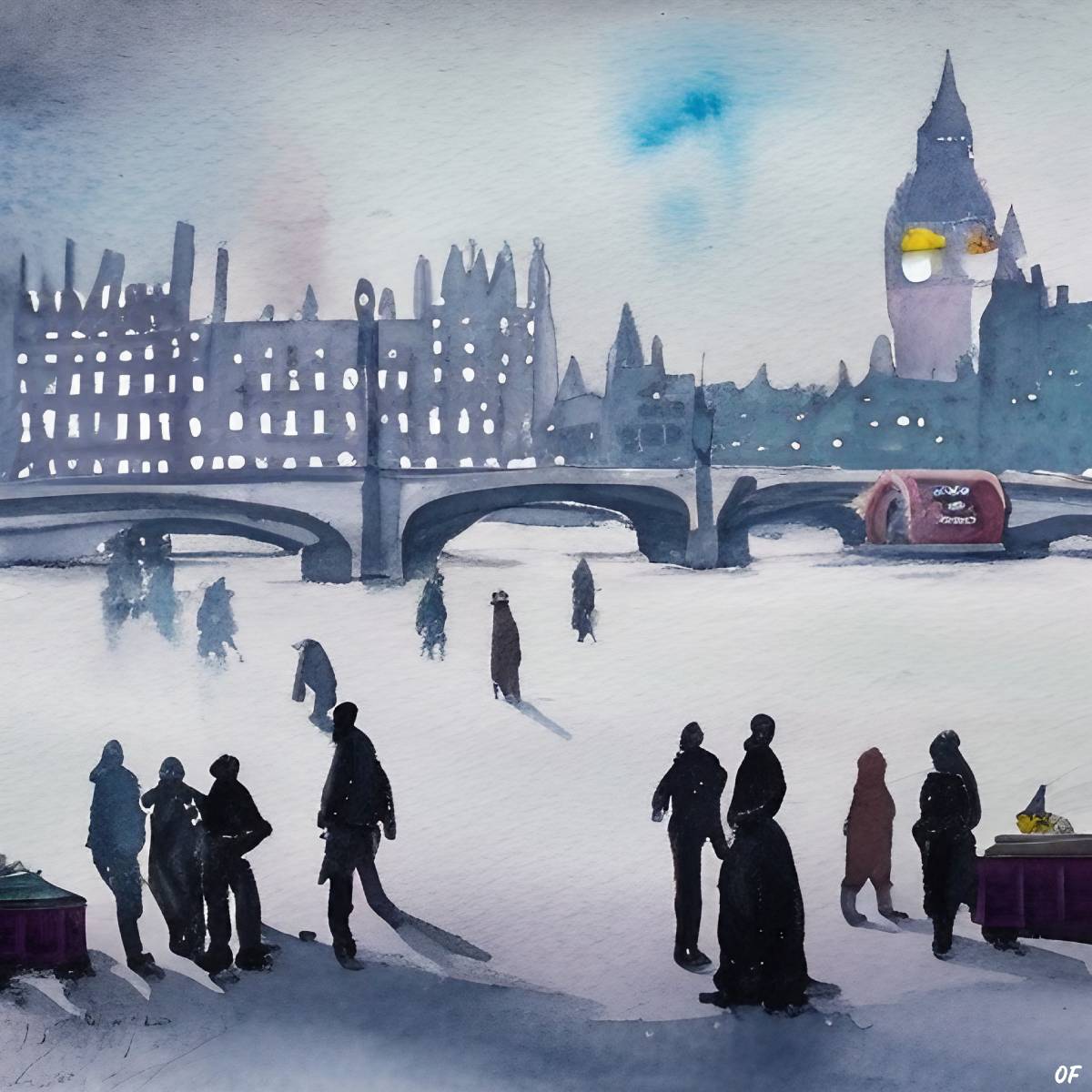 Groups of people gathering on a frozen River Thames in London during the Little Ice Age.