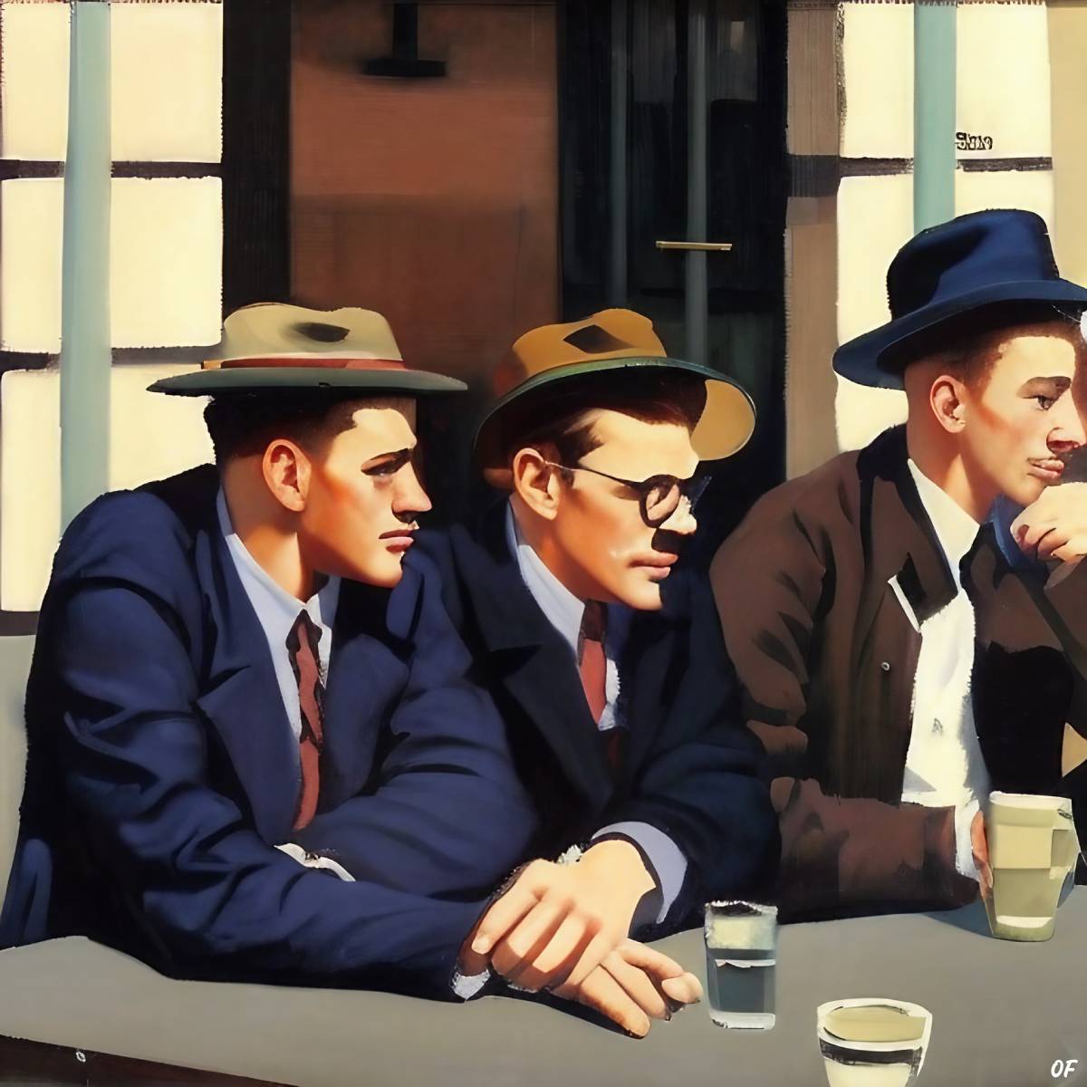 A group of men speaking Polari outside a cafe in 1950s London.
