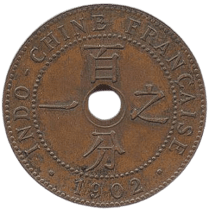 A 1 (one) cent coin of the French Indochinese Piastre issued in the year 1902.