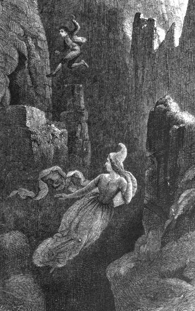 An engraving illustrating the the Icelandic legend of Hildur, the Queen of the Elves.