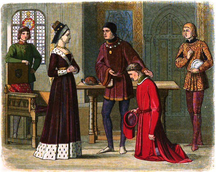 Richard Neville, 16th Earl of Warwick, submits to the queen of their Lancastrian enemies, Margaret of Anjou.