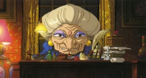 A woman sitting at a desk in an anime movie, inspired by the mysterious and alluring Baba Yaga.