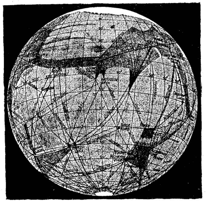 A 1911 illustration of Mars and its canals by Percival Lowell, representing the planet as seen by the Flagstaff observers.