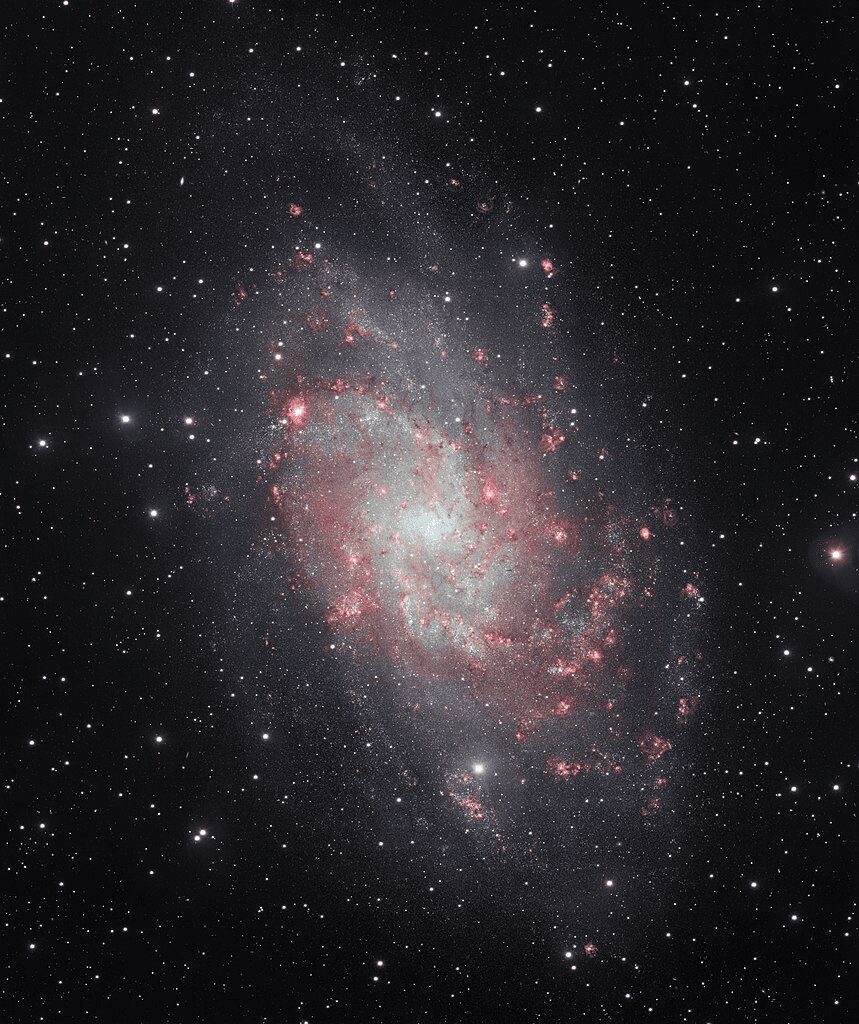Telescope view of the nearby Triangulum Galaxy, showing a spiral structure similar to our own.