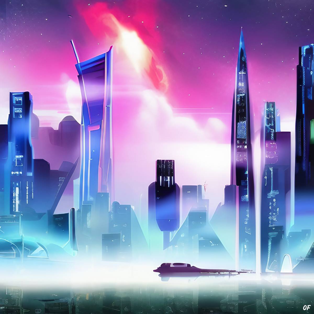 A futuristic metropolis with sleek skyscrapers, bustling streets, and hovering vehicles, set against a backdrop of a stunning nebula.