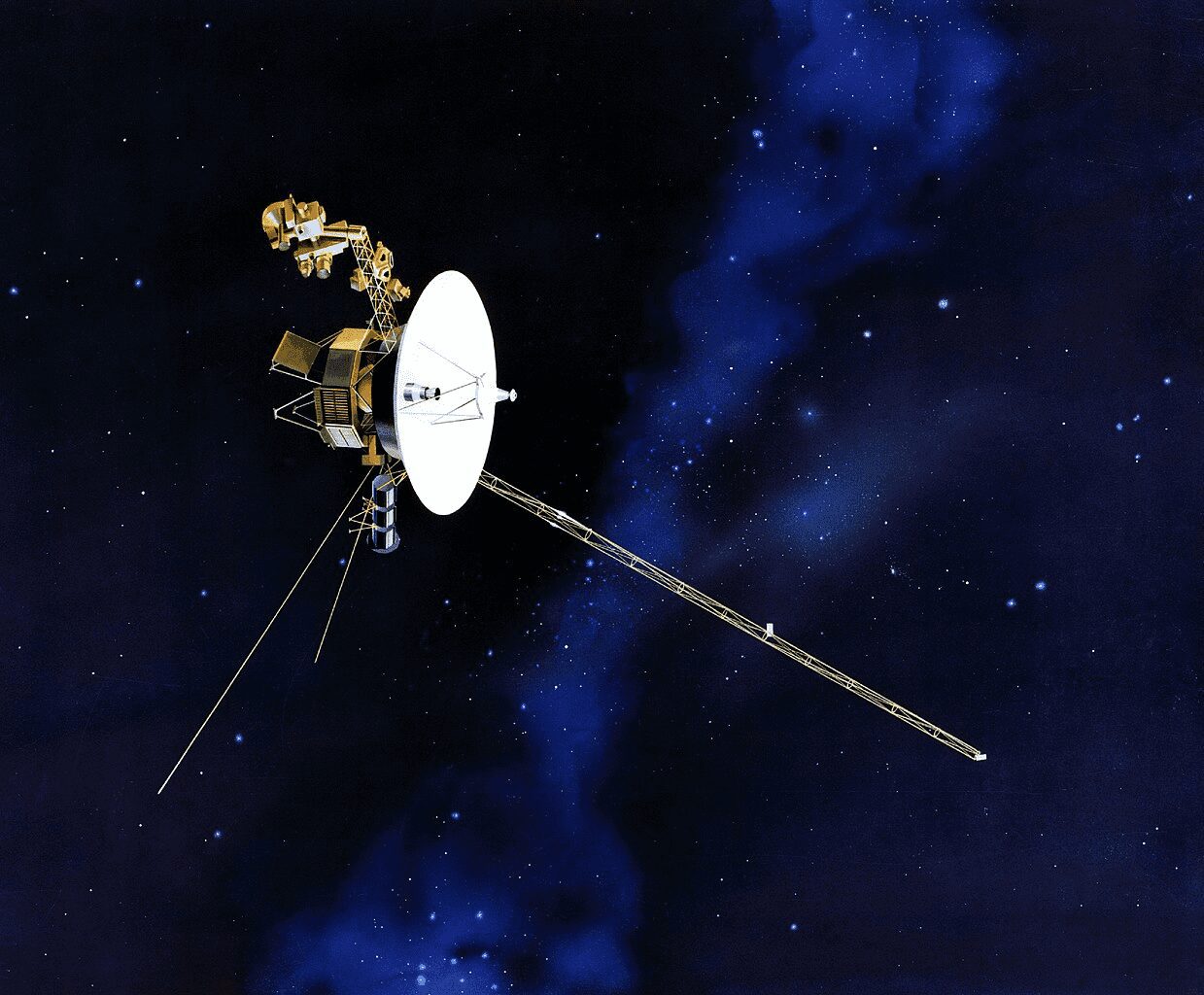 Artist's concept of a Voyager spacecraft flying through the universe.