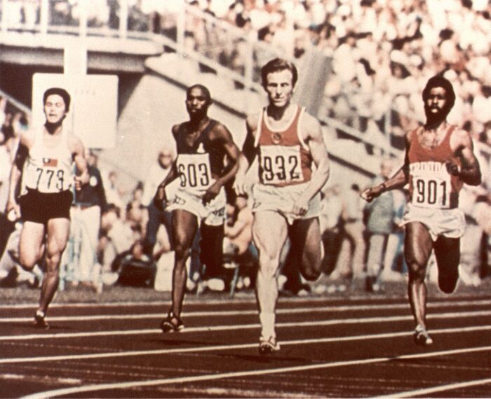 Golden Record image of Soviet sprinter Valeri Borzov racing in the Olympics.