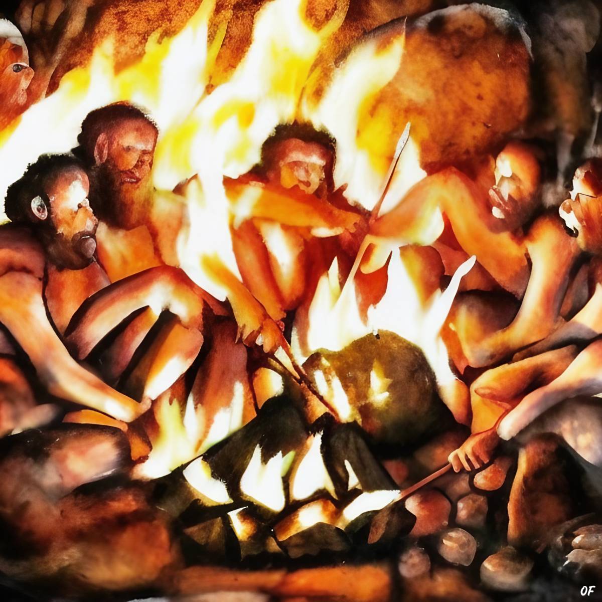 A group of cavemen roasting mammoth meatballs over a fire.